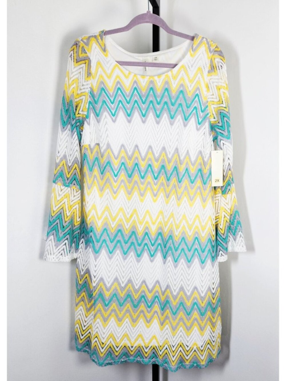TACERA Boho Zigzag Crochet Knit Tunic Dress Bell Sleeve Multicolor-SZ 2X
